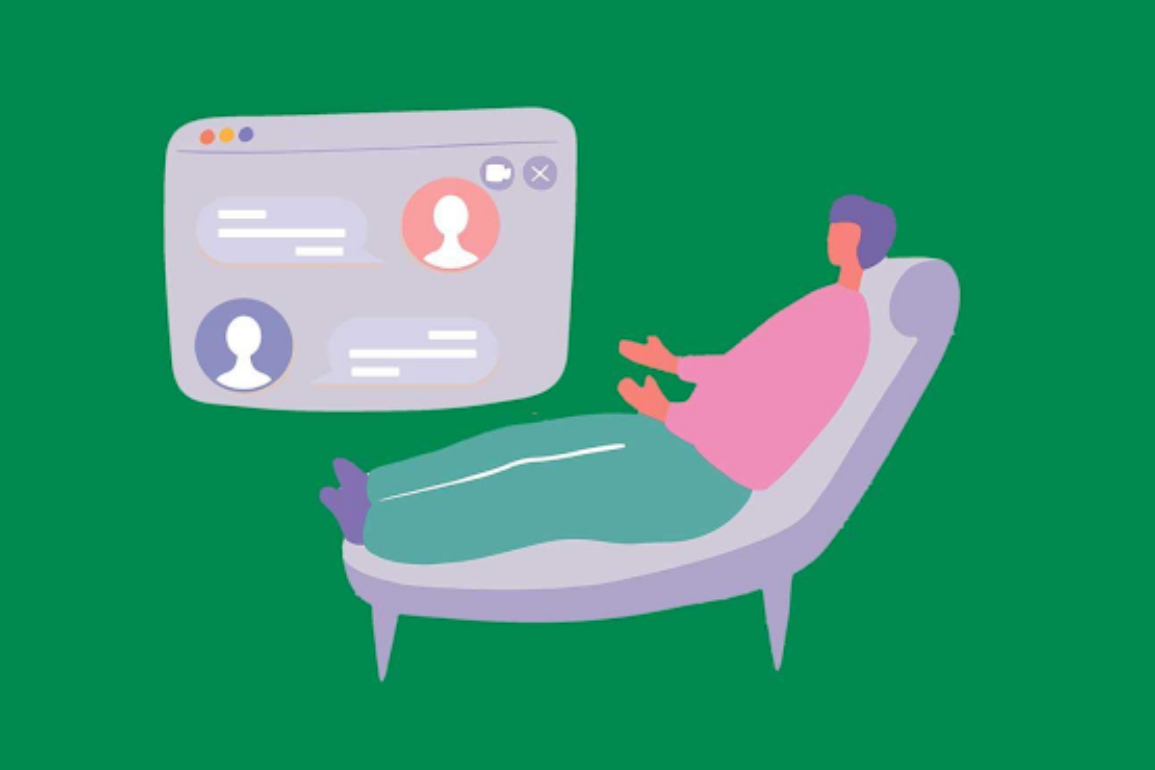 The drawing shows a person lying on a couch conversing with an artificial intelligence.