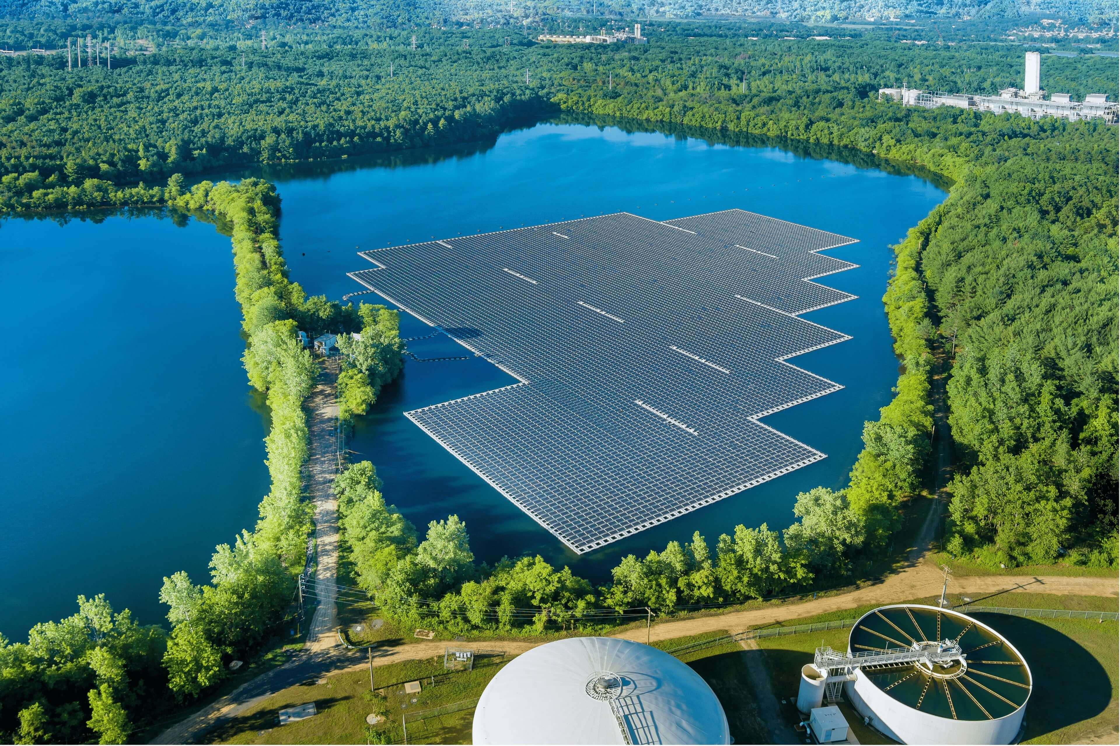 Floating solar panels on a marsh.