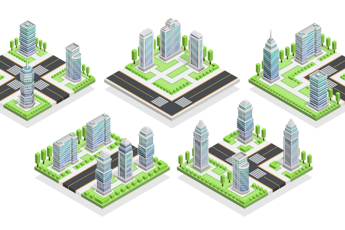 The drawing shows five different design options for a city block, with different layouts of streets, green spaces and buildings.