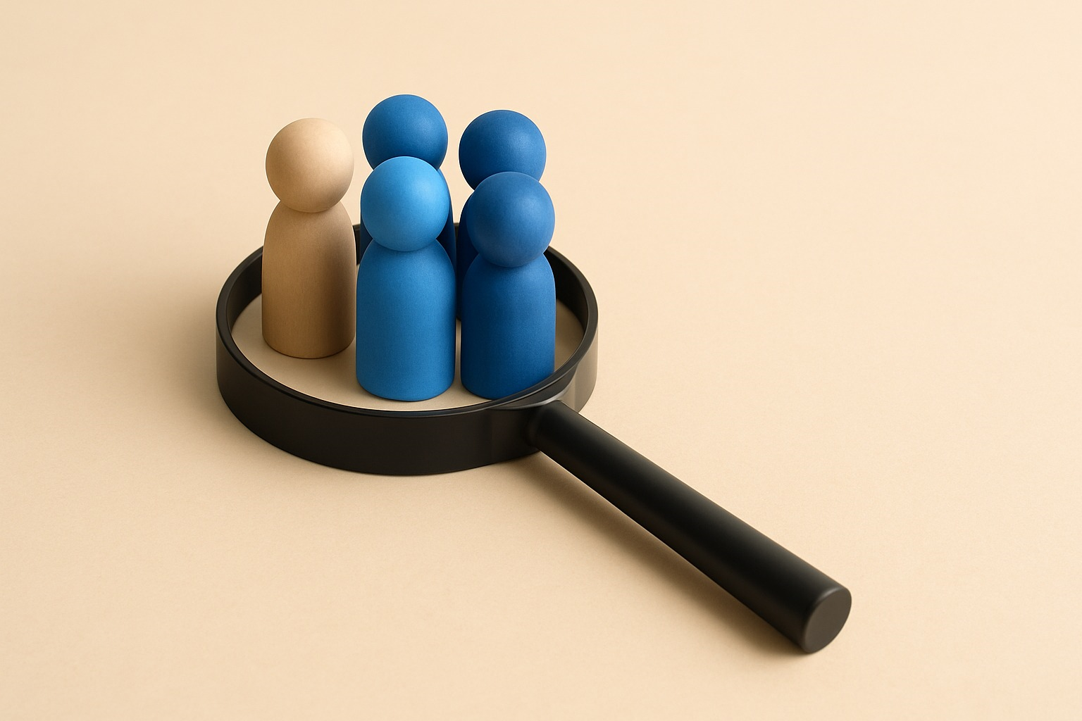 Seis figuras de madera con forma humana están colocadas de pie dentro de una lupa negra que reposa sobre una superficie beige. Cinco de las figuras están pintadas en distintos tonos de azul, mientras que una permanece en color madera natural. La lupa está orientada en diagonal y enmarca a todas las figuras, que están agrupadas en el centro de la imagen. La escena tiene un fondo liso beige y está iluminada de forma suave, sin elementos adicionales.