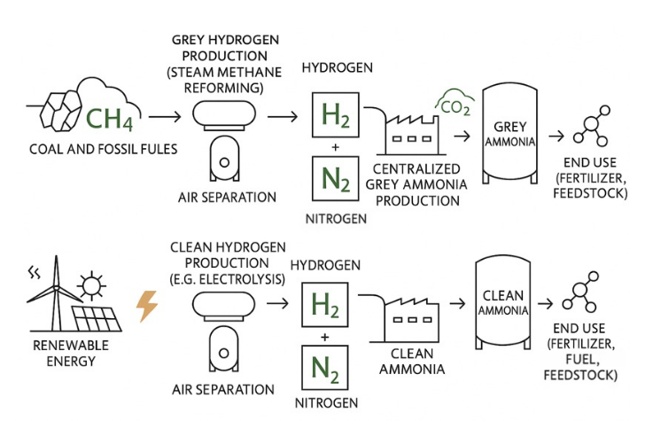 The infographic compares two ways of producing ammonia: a traditional method that uses fossil fuels and emits CO₂, and a cleaner method that uses renewable energy and produces no emissions (clean ammonia). Both result in the same final product, but the second option is more environmentally friendly.